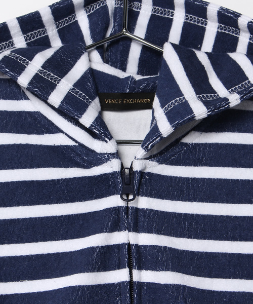 VENCEEXCHANGE（ヴァンスエクスチェンジ）の「KIDS パイルジップパーカー ボーダー総プリント（パーカー・キッズ・オフホワイト/ネイビー・130cm/140cm/120cm/150cm）」の4枚目の写真