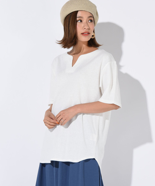 LIPSTAR(リップスター)の「スラッシュネックチュニックカットソー(Tシャツ/カットソー・レディース・オフホワイト/ブラック/ピンク/イエロー・M)」の2枚目の写真