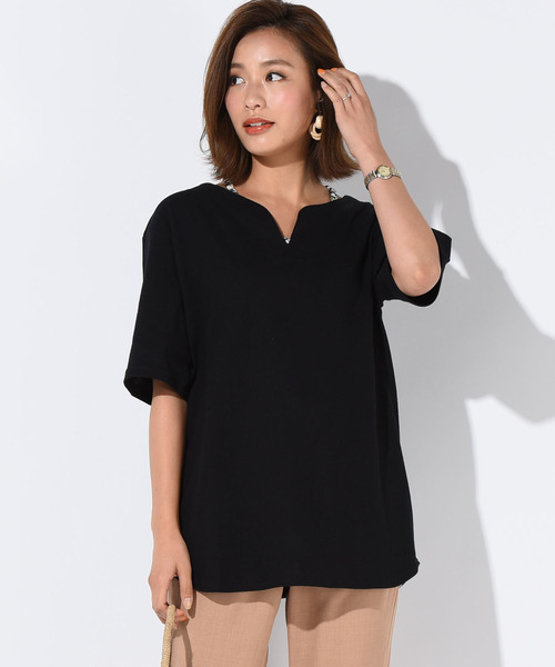 LIPSTAR(リップスター)の「スラッシュネックチュニックカットソー(Tシャツ/カットソー・レディース・オフホワイト/ブラック/ピンク/イエロー・M)」の3枚目の写真