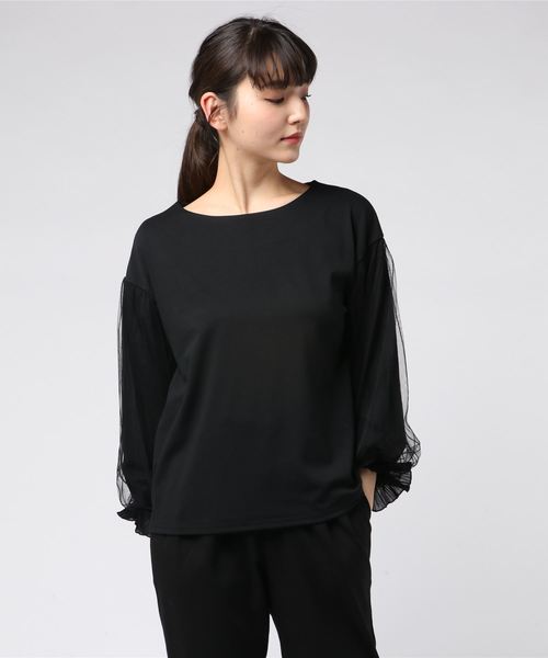 GeeRA(ジーラ)の「袖チュールレース切替カットソー(Tシャツ/カットソー・レディース・ホワイト/ブラック/ボルドー・MEDIUM/LARGE/X-LARGE)」の3枚目の写真