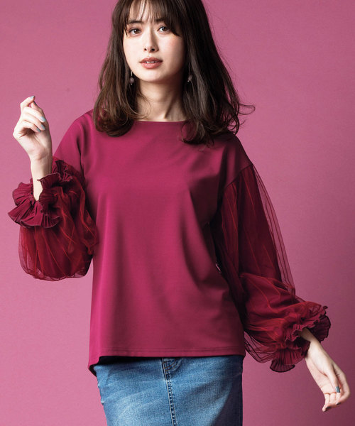 GeeRA(ジーラ)の「袖チュールレース切替カットソー(Tシャツ/カットソー・レディース・ホワイト/ブラック/ボルドー・MEDIUM/LARGE/X-LARGE)」の1枚目の写真