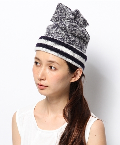 Ray BEAMS（レイビームス）の「BERNSTOCK SPEIRS / ツイード リボン ニットキャップ（ニットキャップ/ビーニー・レディース・ネイビー・ONE SIZE）」の2枚目の写真
