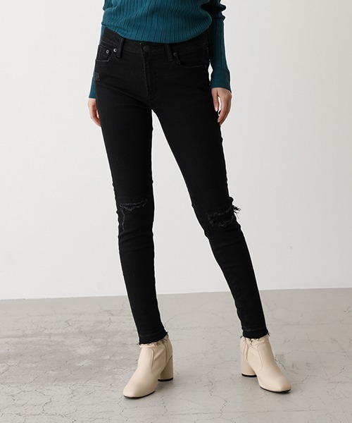 AZUL by moussy(アズールバイマウジー)の「REPAIR DENIM SKINNY/リペアデニムスキニー(デニムパンツ・レディース・ブラック/ブルー/ダークブルー・MEDIUM/X-LARGE/XX-SMALL/LARGE/SMALL/X-SMALL)」の1枚目の写真