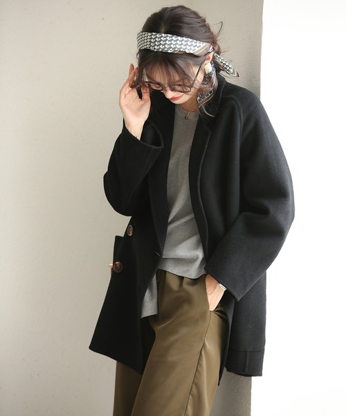 SAISON DE PAPILLON（セゾンドパピヨン）の「ダブルボタントラッドショートコート【ウール100％】【ミドル丈】（ピーコート・レディース・ブラック/キャメル・S/M）」の4枚目の写真