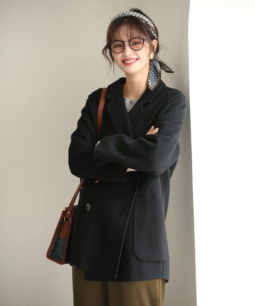 SAISON DE PAPILLON（セゾンドパピヨン）の「ダブルボタントラッドショートコート【ウール100％】【ミドル丈】（ピーコート・レディース・ブラック/キャメル・S/M）」の8枚目の写真