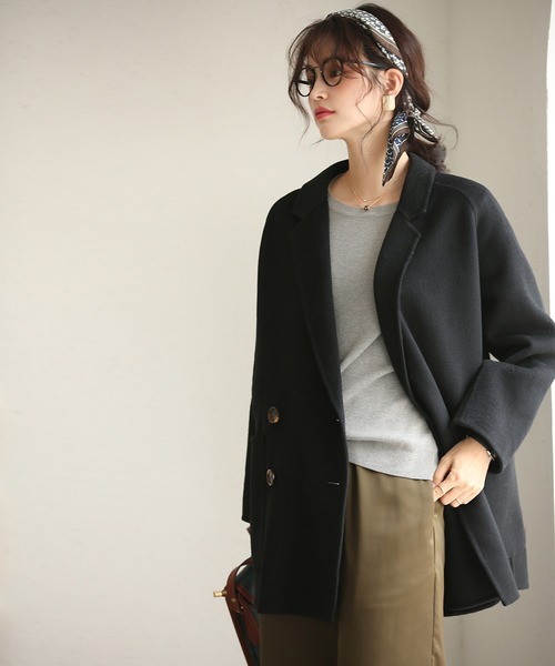 SAISON DE PAPILLON（セゾンドパピヨン）の「ダブルボタントラッドショートコート【ウール100％】【ミドル丈】（ピーコート・レディース・ブラック/キャメル・S/M）」の14枚目の写真