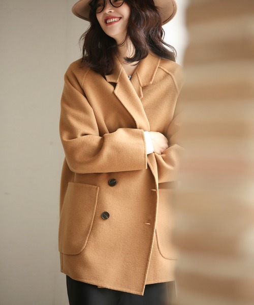 SAISON DE PAPILLON（セゾンドパピヨン）の「ダブルボタントラッドショートコート【ウール100％】【ミドル丈】（ピーコート・レディース・ブラック/キャメル・S/M）」の15枚目の写真