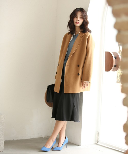 SAISON DE PAPILLON（セゾンドパピヨン）の「ダブルボタントラッドショートコート【ウール100％】【ミドル丈】（ピーコート・レディース・ブラック/キャメル・S/M）」の16枚目の写真