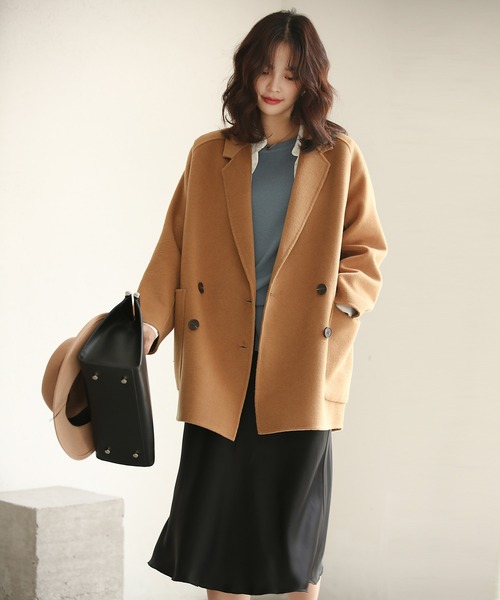 SAISON DE PAPILLON（セゾンドパピヨン）の「ダブルボタントラッドショートコート【ウール100％】【ミドル丈】（ピーコート・レディース・ブラック/キャメル・S/M）」の18枚目の写真