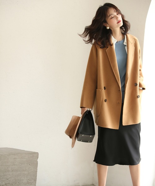 SAISON DE PAPILLON（セゾンドパピヨン）の「ダブルボタントラッドショートコート【ウール100％】【ミドル丈】（ピーコート・レディース・ブラック/キャメル・S/M）」の19枚目の写真