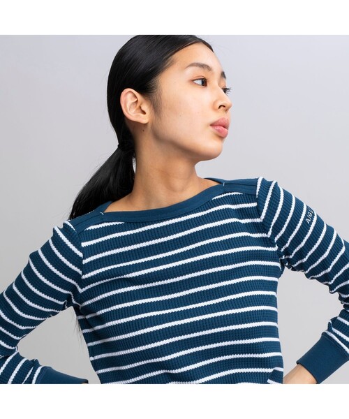 AIGLE（エーグル）の「DFTワッフルストライプTシャツ長袖（Tシャツ/カットソー・レディース・ネイビー/ピンク/ブルー・S/M/L）」の2枚目の写真