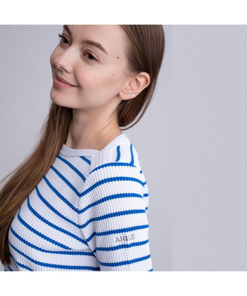 AIGLE（エーグル）の「DFTワッフルストライプTシャツ長袖（Tシャツ/カットソー・レディース・ネイビー/ピンク/ブルー・S/M/L）」の21枚目の写真