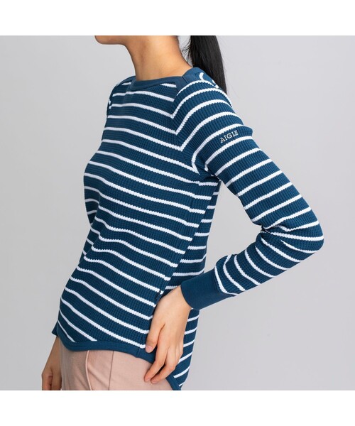 AIGLE（エーグル）の「DFTワッフルストライプTシャツ長袖（Tシャツ/カットソー・レディース・ネイビー/ピンク/ブルー・S/M/L）」の7枚目の写真