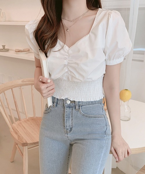 Amulet(アミュレット)の「スクエアネック半袖ブラウス(シャツ/ブラウス・レディース・ホワイト/ブラック・FREE)」の2枚目の写真