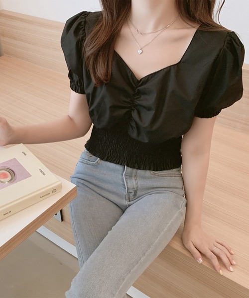 Amulet(アミュレット)の「スクエアネック半袖ブラウス(シャツ/ブラウス・レディース・ホワイト/ブラック・FREE)」の1枚目の写真