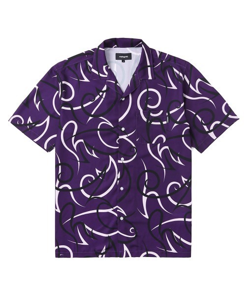 MAHAGRID(マハグリッド)の「『mahagrid/マハグリッド』TRIBAL OPEN COLLAR SHIRT/トライバル オープンカラー シャツ 半袖(シャツ/ブラウス・レディース・グリーン/パープル・M/L)」の2枚目の写真