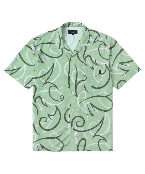 MAHAGRID(マハグリッド)の「『mahagrid/マハグリッド』TRIBAL OPEN COLLAR SHIRT/トライバル オープンカラー シャツ 半袖(シャツ/ブラウス・レディース・グリーン/パープル・M/L)」の1枚目の写真