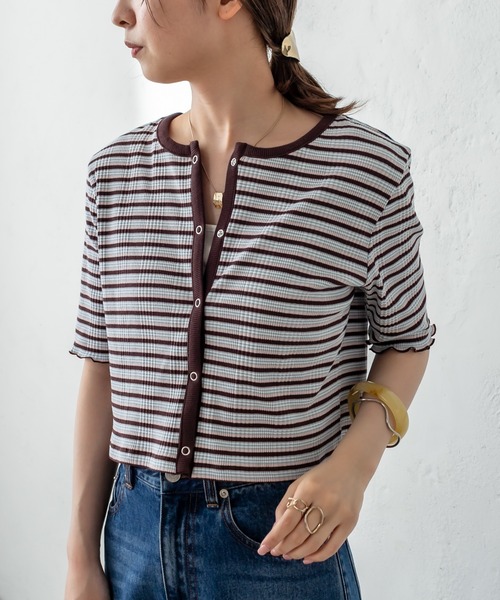 mystic（ミスティック）の「マルチボーダーチビカーディガン（カーディガン/ボレロ・レディース・ブラック/ブラウン/ピンク/グリーン・FREE）」の3枚目の写真