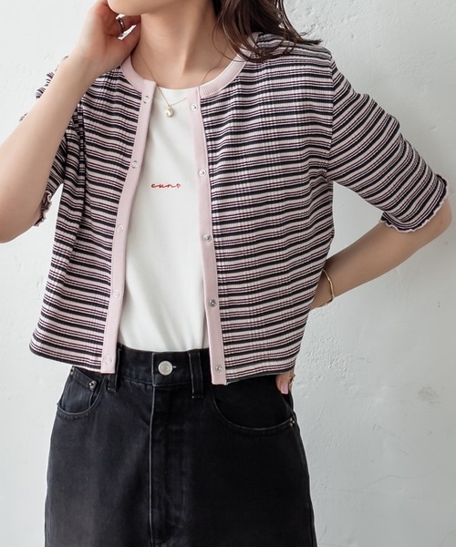 mystic（ミスティック）の「マルチボーダーチビカーディガン（カーディガン/ボレロ・レディース・ブラック/ブラウン/ピンク/グリーン・FREE）」の8枚目の写真