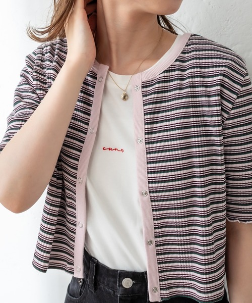 mystic（ミスティック）の「マルチボーダーチビカーディガン（カーディガン/ボレロ・レディース・ブラック/ブラウン/ピンク/グリーン・FREE）」の10枚目の写真