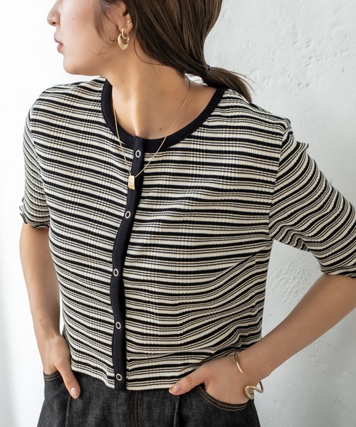 mystic（ミスティック）の「マルチボーダーチビカーディガン（カーディガン/ボレロ・レディース・ブラック/ブラウン/ピンク/グリーン・FREE）」の14枚目の写真