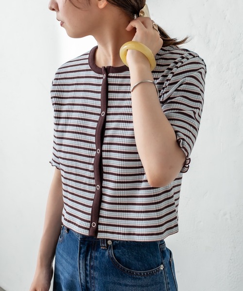 mystic（ミスティック）の「マルチボーダーチビカーディガン（カーディガン/ボレロ・レディース・ブラック/ブラウン/ピンク/グリーン・FREE）」の15枚目の写真