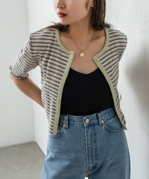 mystic（ミスティック）の「マルチボーダーチビカーディガン（カーディガン/ボレロ・レディース・ブラック/ブラウン/ピンク/グリーン・FREE）」の19枚目の写真