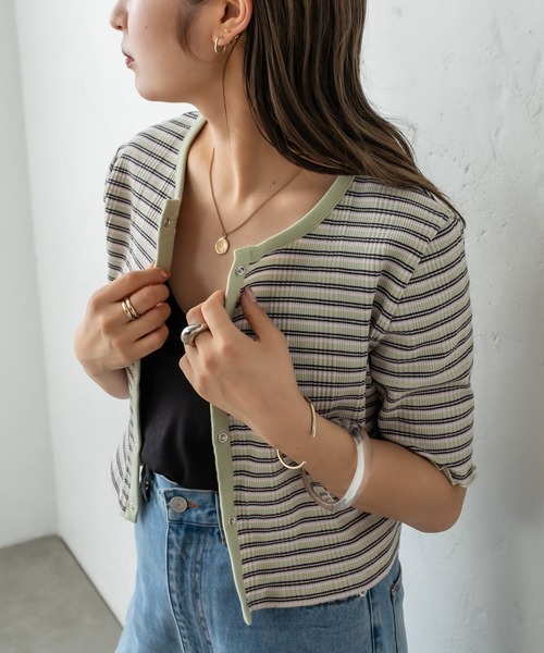 mystic（ミスティック）の「マルチボーダーチビカーディガン（カーディガン/ボレロ・レディース・ブラック/ブラウン/ピンク/グリーン・FREE）」の20枚目の写真