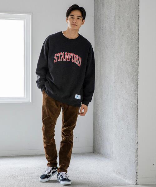 coen（コーエン）の「ヘビーウェイトカレッジロゴプリント裏起毛クルー