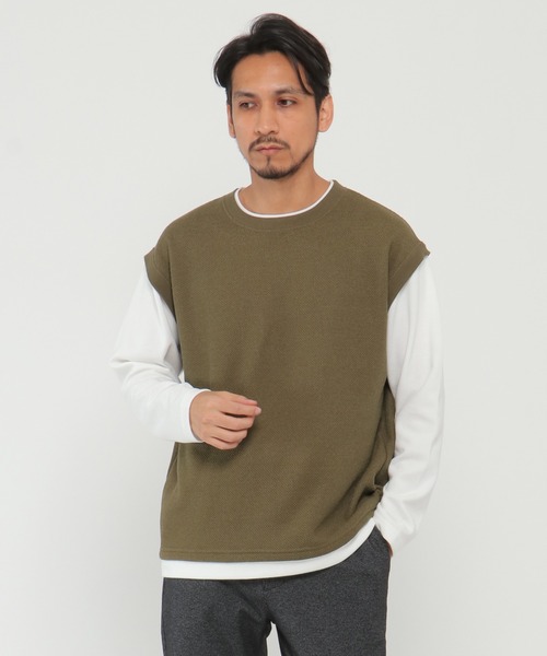 ikka（イッカ）の「ワッフルフェイクベストレイヤードプルオーバー（スウェット・メンズ・オリーブ/ネイビー/キャメル・S/M/L/XL）」の2枚目の写真