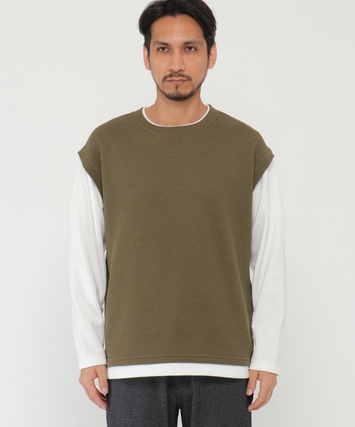 ikka（イッカ）の「ワッフルフェイクベストレイヤードプルオーバー（スウェット・メンズ・オリーブ/ネイビー/キャメル・S/M/L/XL）」の9枚目の写真