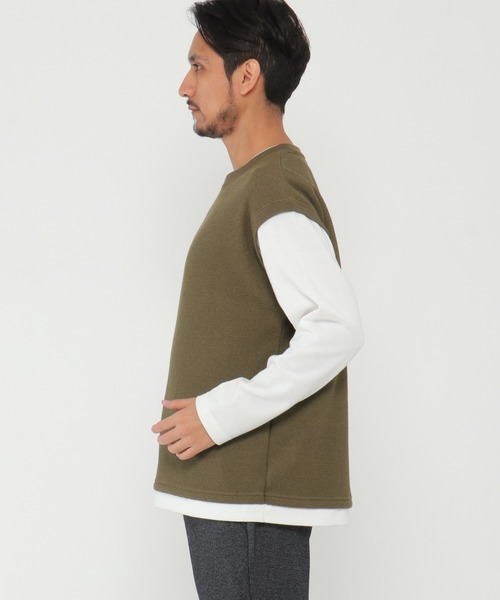 ikka（イッカ）の「ワッフルフェイクベストレイヤードプルオーバー（スウェット・メンズ・オリーブ/ネイビー/キャメル・S/M/L/XL）」の6枚目の写真