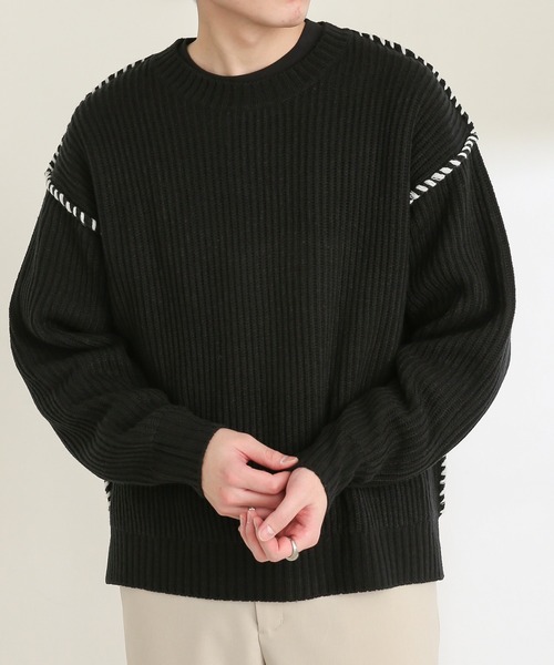 SENSE OF PLACE by URBAN RESEARCH（センスオブプレイスバイアーバンリサーチ）の「ハンドステッチセーター（ニット/セーター・メンズ・ブラック/ミント/ライトベージュ・MEDIUM/LARGE）」の4枚目の写真