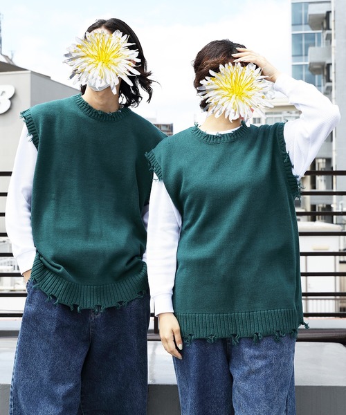 8(eight)(エイト)の「ダメージベスト(ベスト・メンズ・アイボリー/チャコール/グリーン/サックスブルー・MEDIUM/LARGE/X-LARGE)」の1枚目の写真