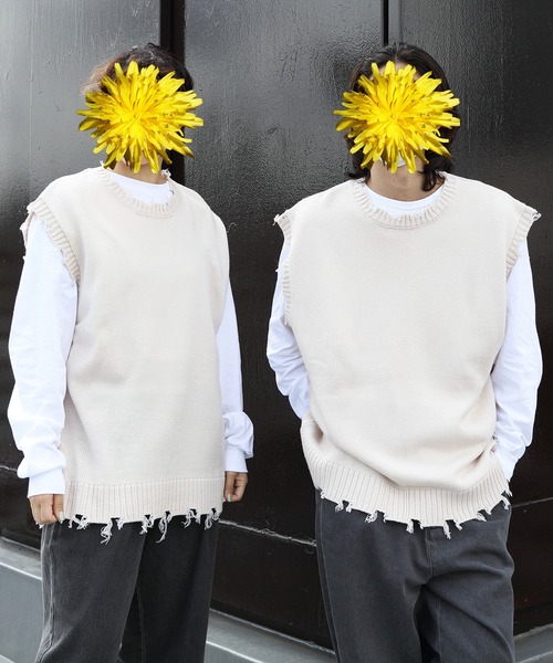 8(eight)(エイト)の「ダメージベスト(ベスト・メンズ・アイボリー/チャコール/グリーン/サックスブルー・MEDIUM/LARGE/X-LARGE)」の5枚目の写真