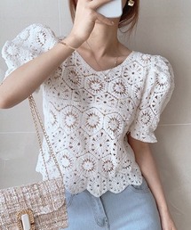 Chaco closet | クロシェレースVネックパフスリーブブラウス(シャツ/ブラウス)