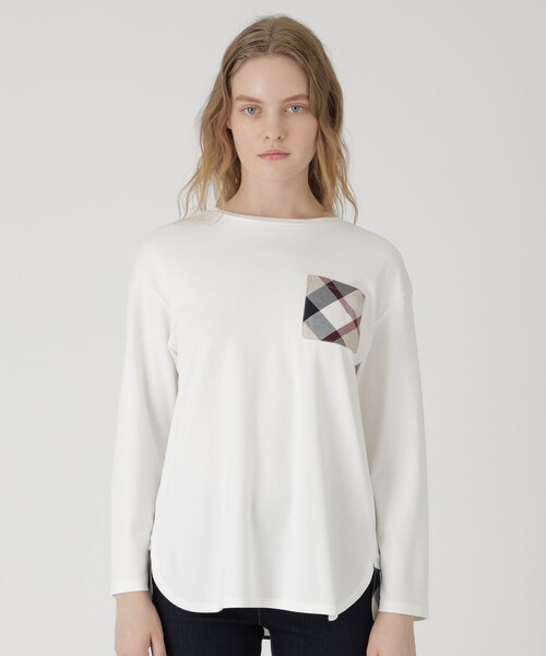 BLUE LABEL CRESTBRIDGE - ブルーレーベルクレストブリッジ　ホワイト　チュニックカットソー38 コンパクトクリアーポンチレイヤードライクトップス（Tシャツ
