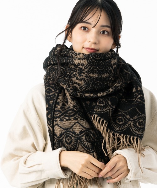 QUEENHEAD(クイーンヘッド)の「大判アンティークストールマフラー(マフラー・レディース・ブラック系/ベージュ系/パープル系/グレー系/ブラウン系/ブルー系・FREE)」の13枚目の写真