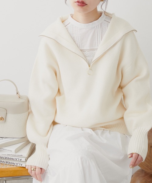 natural couture(ナチュラルクチュール)の「ハーフZIPぽわんリブ袖ニット(ニット/セーター・レディース・オフホワイト/ベージュ/ブラック/ブルー・FREE)」の2枚目の写真