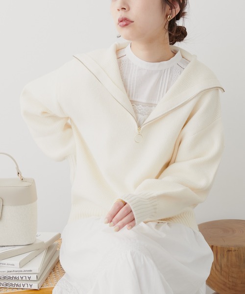 natural couture(ナチュラルクチュール)の「ハーフZIPぽわんリブ袖ニット(ニット/セーター・レディース・オフホワイト/ベージュ/ブラック/ブルー・FREE)」の5枚目の写真
