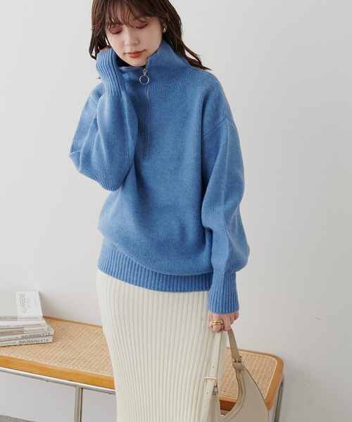 natural couture(ナチュラルクチュール)の「ハーフZIPぽわんリブ袖ニット(ニット/セーター・レディース・オフホワイト/ベージュ/ブラック/ブルー・FREE)」の7枚目の写真