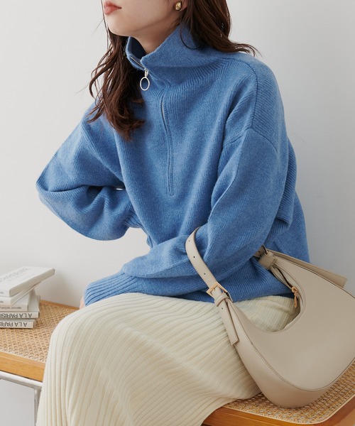 natural couture(ナチュラルクチュール)の「ハーフZIPぽわんリブ袖ニット(ニット/セーター・レディース・オフホワイト/ベージュ/ブラック/ブルー・FREE)」の10枚目の写真