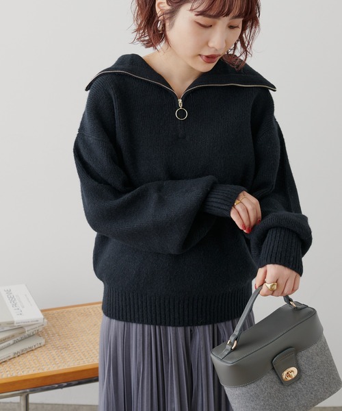 natural couture(ナチュラルクチュール)の「ハーフZIPぽわんリブ袖ニット(ニット/セーター・レディース・オフホワイト/ベージュ/ブラック/ブルー・FREE)」の9枚目の写真