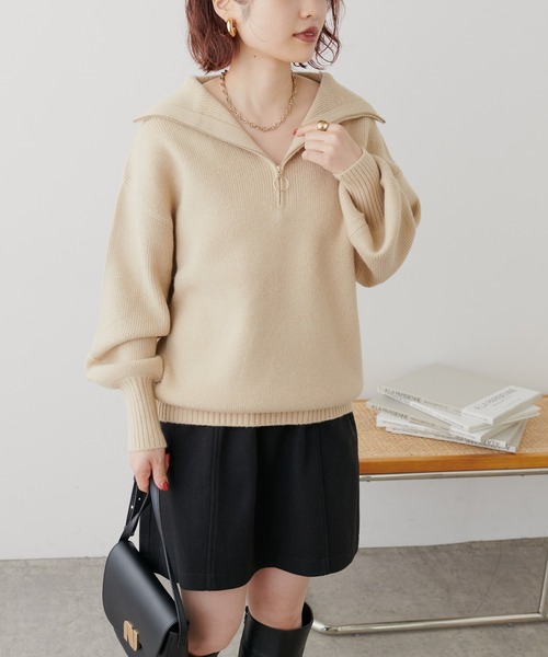 natural couture(ナチュラルクチュール)の「ハーフZIPぽわんリブ袖ニット(ニット/セーター・レディース・オフホワイト/ベージュ/ブラック/ブルー・FREE)」の21枚目の写真