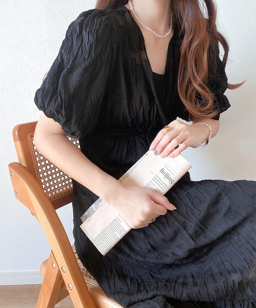 mily bilet（ミウィビレット）の「【mily bilet】柔らか透け感で、大人かわいい＋α♪シアージャガード花柄クリンクルワンピース（ワンピース・レディース・ブラック/アイボリー/モカ/グリーン・LARGE/MEDIUM/SMALL/X-LARGE）」の6枚目の写真