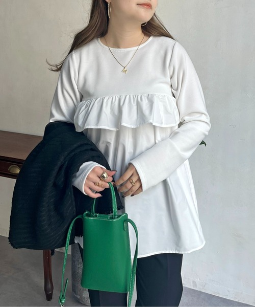 prose verse（プロズヴェール）の「フリルギャザーペプラムトップス（Tシャツ/カットソー・レディース・ブラック/オフホワイト・MEDIUM）」の10枚目の写真