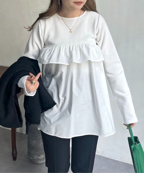 prose verse（プロズヴェール）の「フリルギャザーペプラムトップス（Tシャツ/カットソー・レディース・ブラック/オフホワイト・MEDIUM）」の17枚目の写真