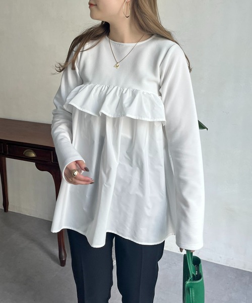 prose verse（プロズヴェール）の「フリルギャザーペプラムトップス（Tシャツ/カットソー・レディース・ブラック/オフホワイト・MEDIUM）」の3枚目の写真