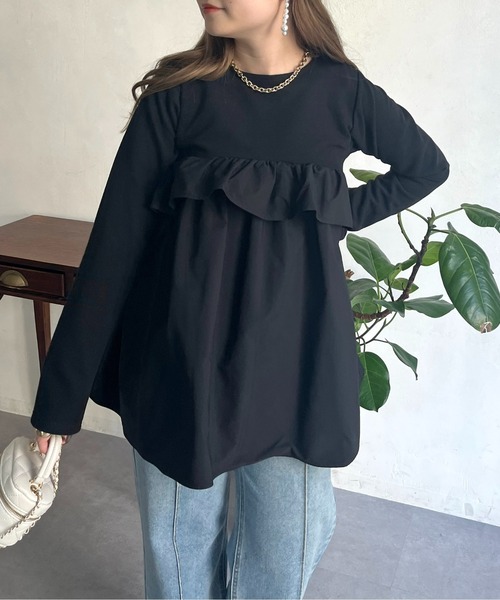 prose verse（プロズヴェール）の「フリルギャザーペプラムトップス（Tシャツ/カットソー・レディース・ブラック/オフホワイト・MEDIUM）」の12枚目の写真