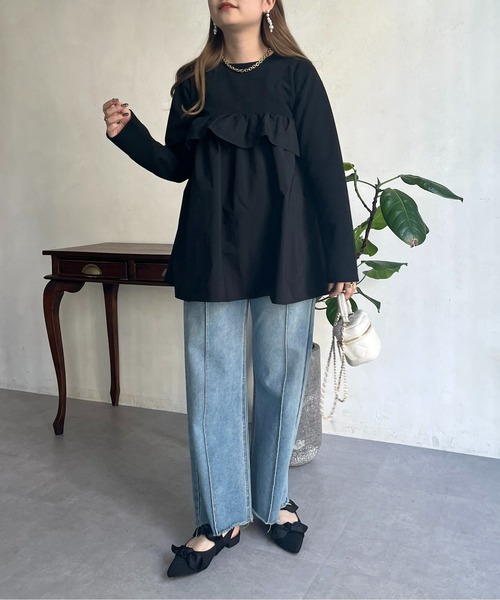 prose verse（プロズヴェール）の「フリルギャザーペプラムトップス（Tシャツ/カットソー・レディース・ブラック/オフホワイト・MEDIUM）」の19枚目の写真